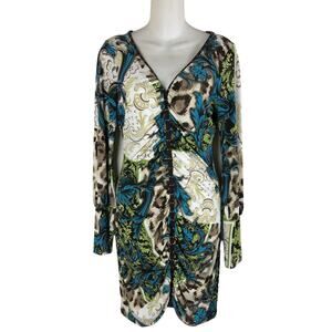 Hale Bob Sz Small Multicolor Print Ruched Grommet Long Sleeve Dress